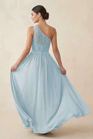 One-Shoulder Lace Chiffon A-Line Bridesmaid Dress in Sky Blue (2) | KISSBRIDAL