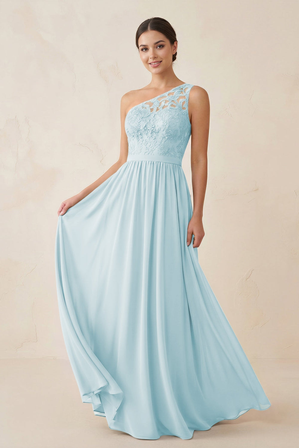 One - Shoulder Lace Chiffon A - Line Bridesmaid Dress in Sky Blue - KISS BRIDAL Bridesmaid Dresses