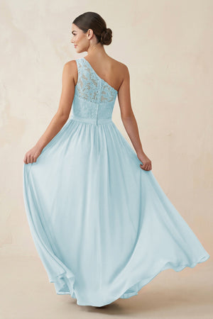One - Shoulder Lace Chiffon A - Line Bridesmaid Dress in Sky Blue - KISS BRIDAL Bridesmaid Dresses