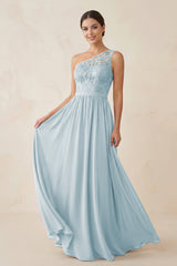 One-Shoulder Lace Chiffon A-Line Bridesmaid Dress in Sky Blue | KISSBRIDAL