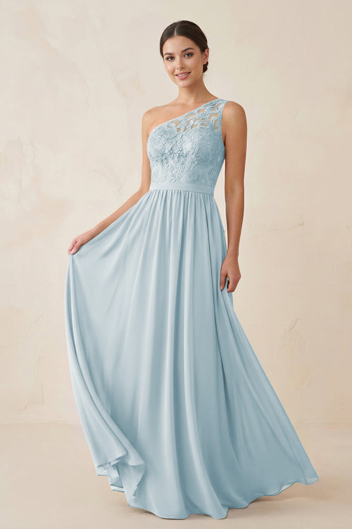 One-Shoulder Lace Chiffon A-Line Bridesmaid Dress in Sky Blue | KISSBRIDAL