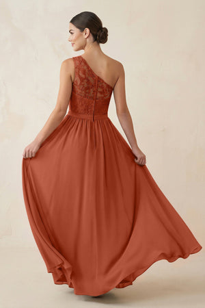 One - Shoulder Lace Chiffon A - Line Bridesmaid Dress in Spice - KISS BRIDAL Bridesmaid Dresses