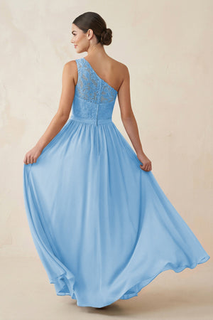 One - Shoulder Lace Chiffon A - Line Bridesmaid Dress in Steel Blue - KISS BRIDAL Bridesmaid Dresses