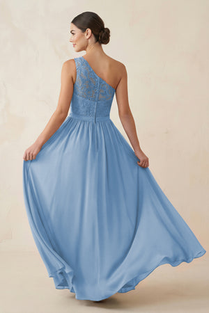One-Shoulder Lace Chiffon A-Line Bridesmaid Dress in Steel Blue (2) | KISSBRIDAL