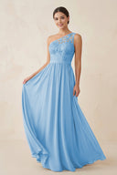 One - Shoulder Lace Chiffon A - Line Bridesmaid Dress in Steel Blue - KISS BRIDAL Bridesmaid Dresses