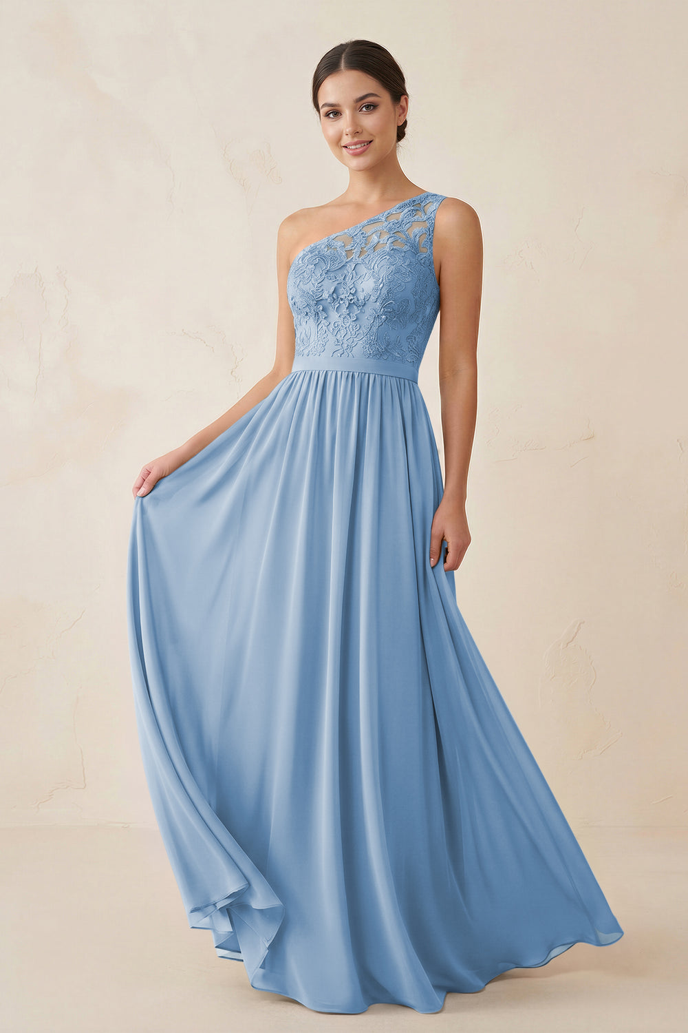 One-Shoulder Lace Chiffon A-Line Bridesmaid Dress in Steel Blue