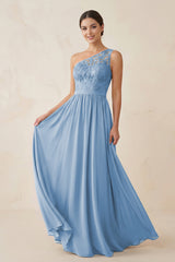 One-Shoulder Lace Chiffon A-Line Bridesmaid Dress in Steel Blue | KISSBRIDAL