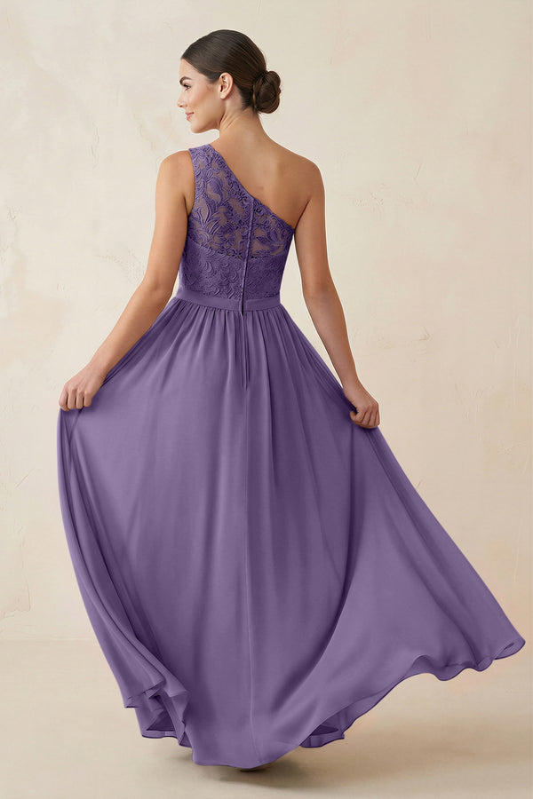 One-Shoulder Lace Chiffon A-Line Bridesmaid Dress in Tahiti (2) | KISSBRIDAL