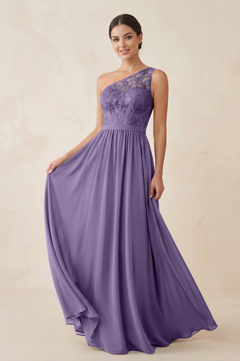One-Shoulder Lace Chiffon A-Line Bridesmaid Dress in Tahiti