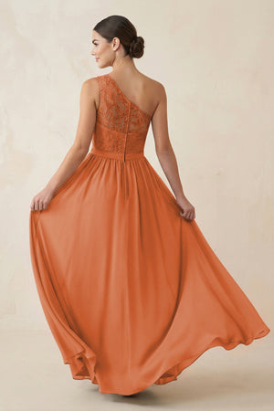 One - Shoulder Lace Chiffon A - Line Bridesmaid Dress in Terracotta - KISS BRIDAL Bridesmaid Dresses