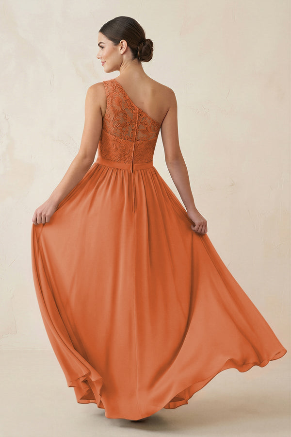 One - Shoulder Lace Chiffon A - Line Bridesmaid Dress in Terracotta - KISS BRIDAL Bridesmaid Dresses