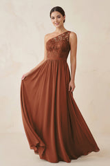 One-Shoulder Lace Chiffon A-Line Bridesmaid Dress in Terracotta | KISSBRIDAL