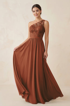 One-Shoulder Lace Chiffon A-Line Bridesmaid Dress in Terracotta | KISSBRIDAL