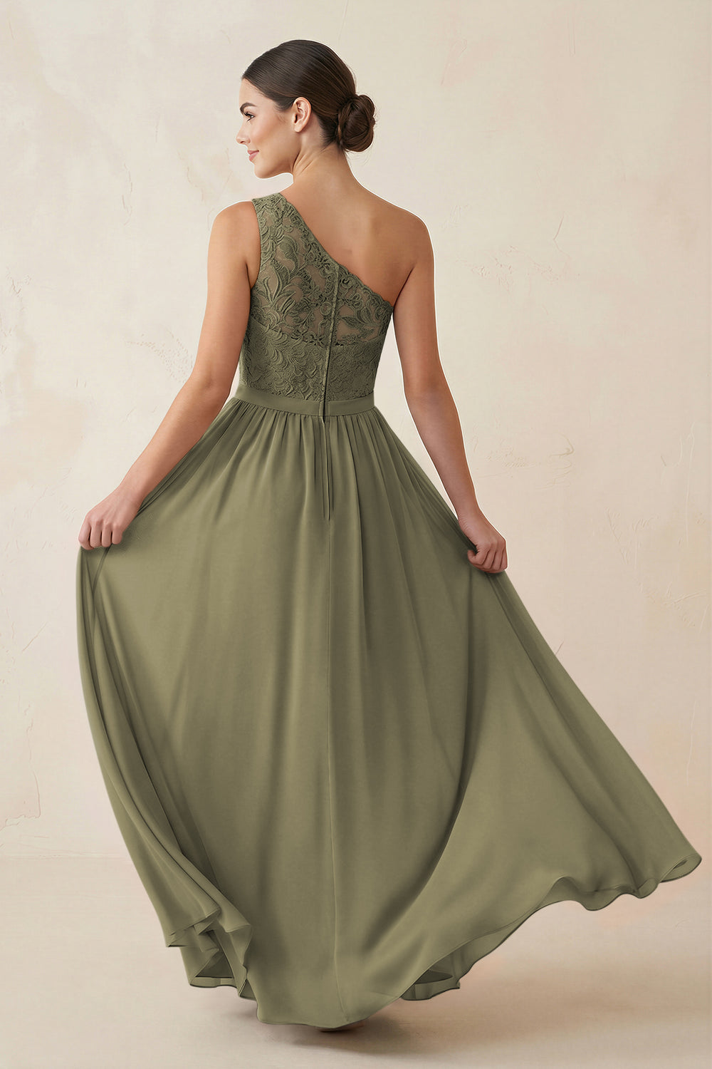 One-Shoulder Lace Chiffon A-Line Bridesmaid Dress in Thyme
