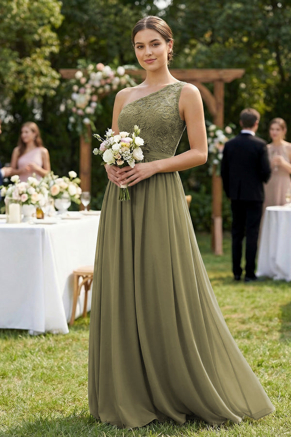 One-Shoulder Lace Chiffon A-Line Bridesmaid Dress in Thyme (3) | KISSBRIDAL