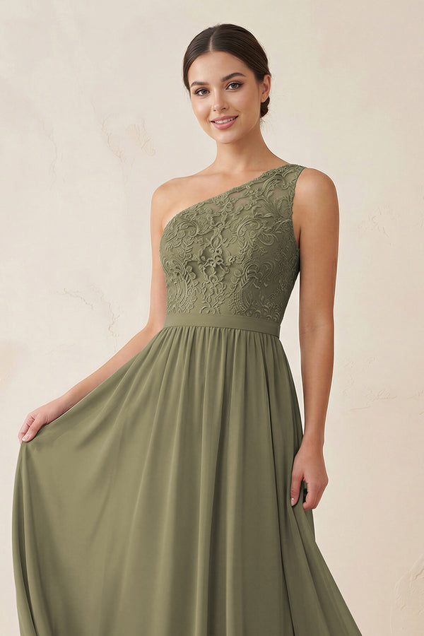 One-Shoulder Lace Chiffon A-Line Bridesmaid Dress in Thyme (4) | KISSBRIDAL