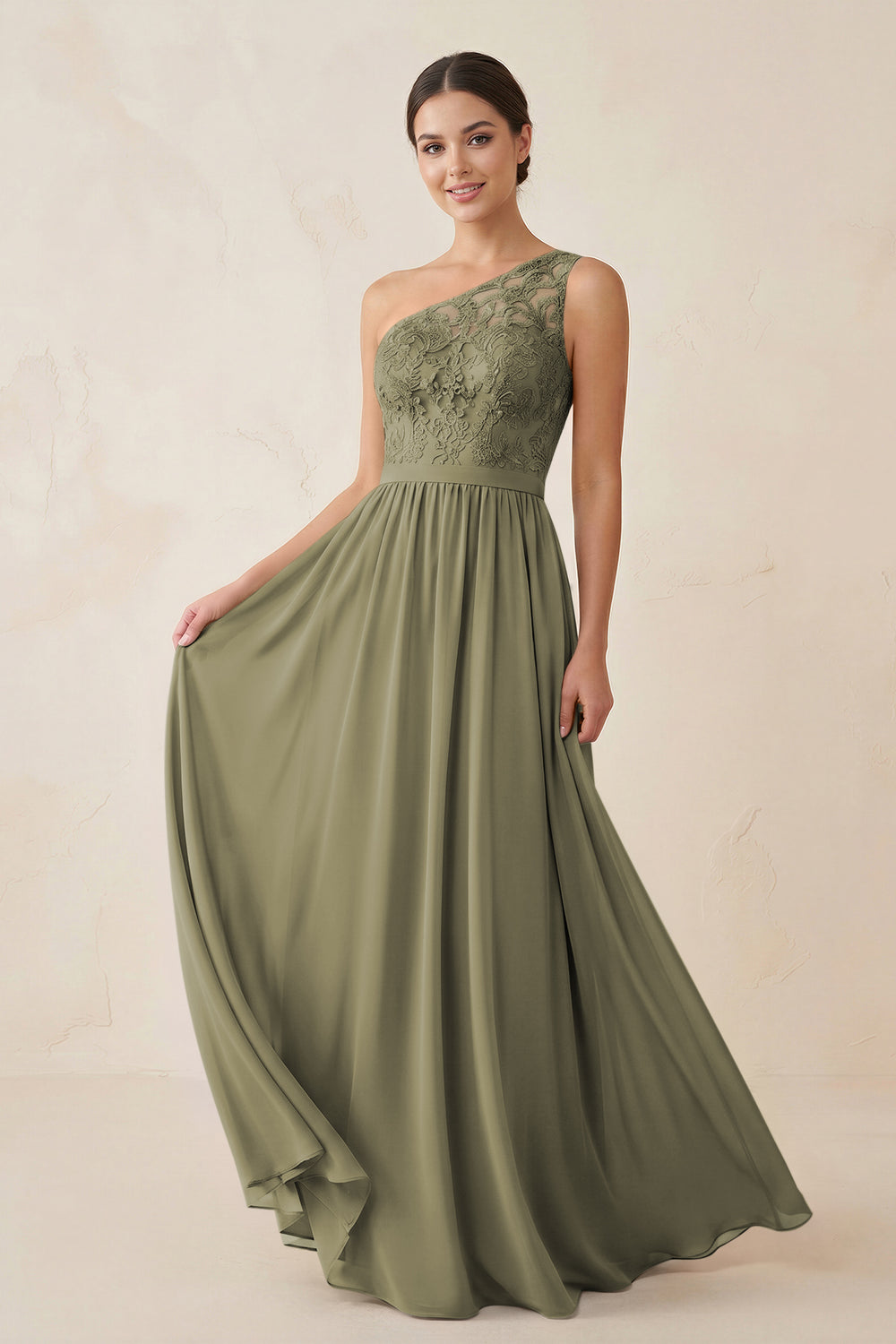 One-Shoulder Lace Chiffon A-Line Bridesmaid Dress in Thyme