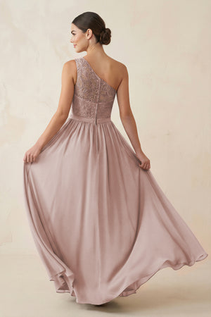 One-Shoulder Lace Chiffon A-Line Bridesmaid Dress in Toffee (2) | KISSBRIDAL