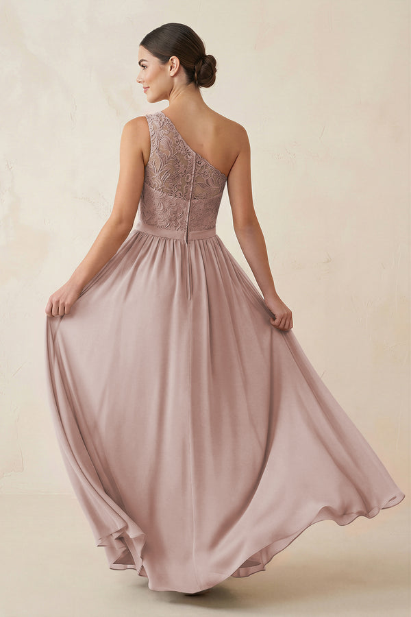 One-Shoulder Lace Chiffon A-Line Bridesmaid Dress in Toffee (2) | KISSBRIDAL