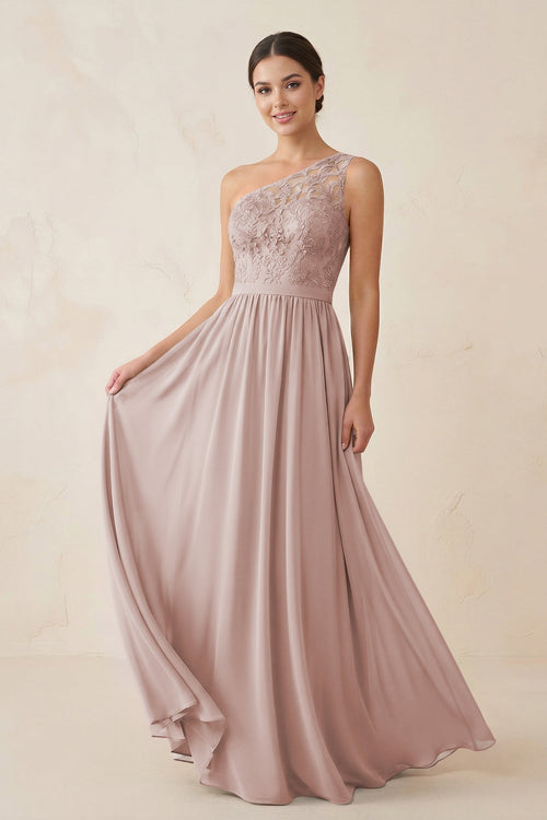 One - Shoulder Lace Chiffon A - Line Bridesmaid Dress in Toffee - KISS BRIDAL Bridesmaid Dresses