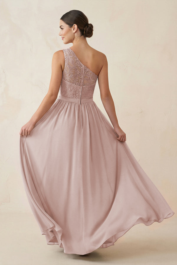 One - Shoulder Lace Chiffon A - Line Bridesmaid Dress in Toffee - KISS BRIDAL Bridesmaid Dresses