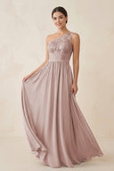 One-Shoulder Lace Chiffon A-Line Bridesmaid Dress in Toffee | KISSBRIDAL