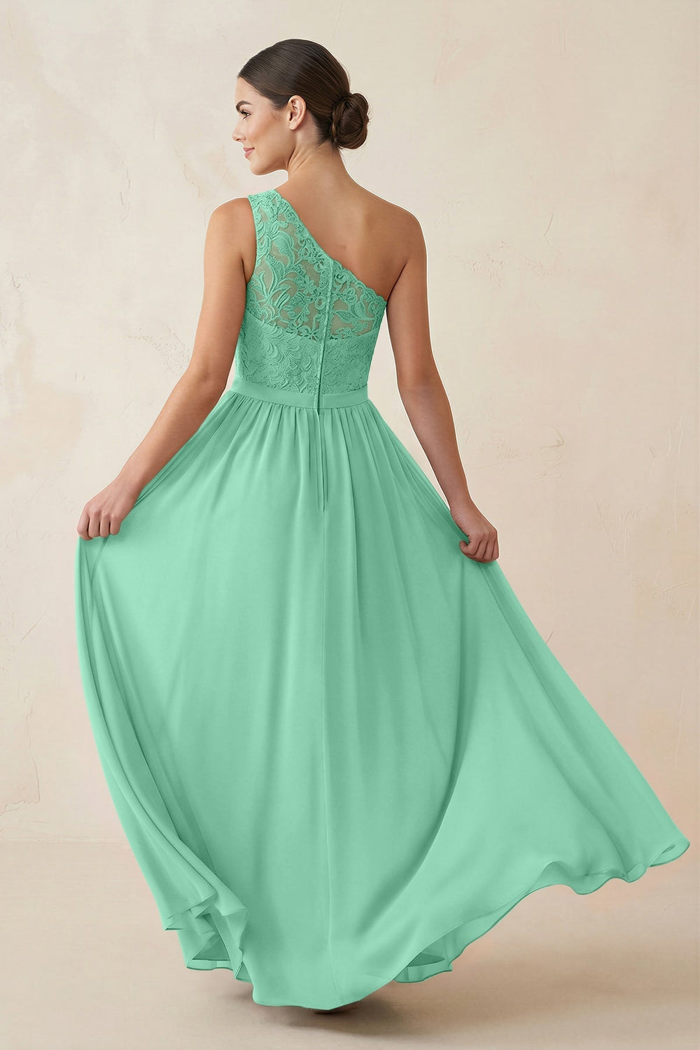 One - Shoulder Lace Chiffon A - Line Bridesmaid Dress in Turquoise - KISS BRIDAL Bridesmaid Dresses
