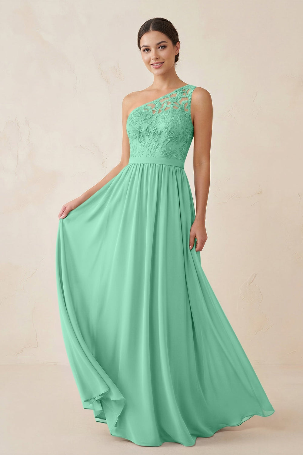 One - Shoulder Lace Chiffon A - Line Bridesmaid Dress in Turquoise - KISS BRIDAL Bridesmaid Dresses