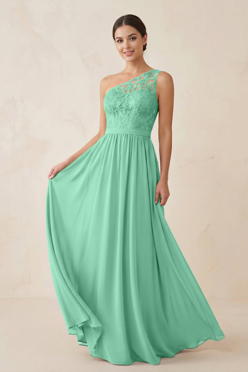 One - Shoulder Lace Chiffon A - Line Bridesmaid Dress in Turquoise - KISS BRIDAL Bridesmaid Dresses
