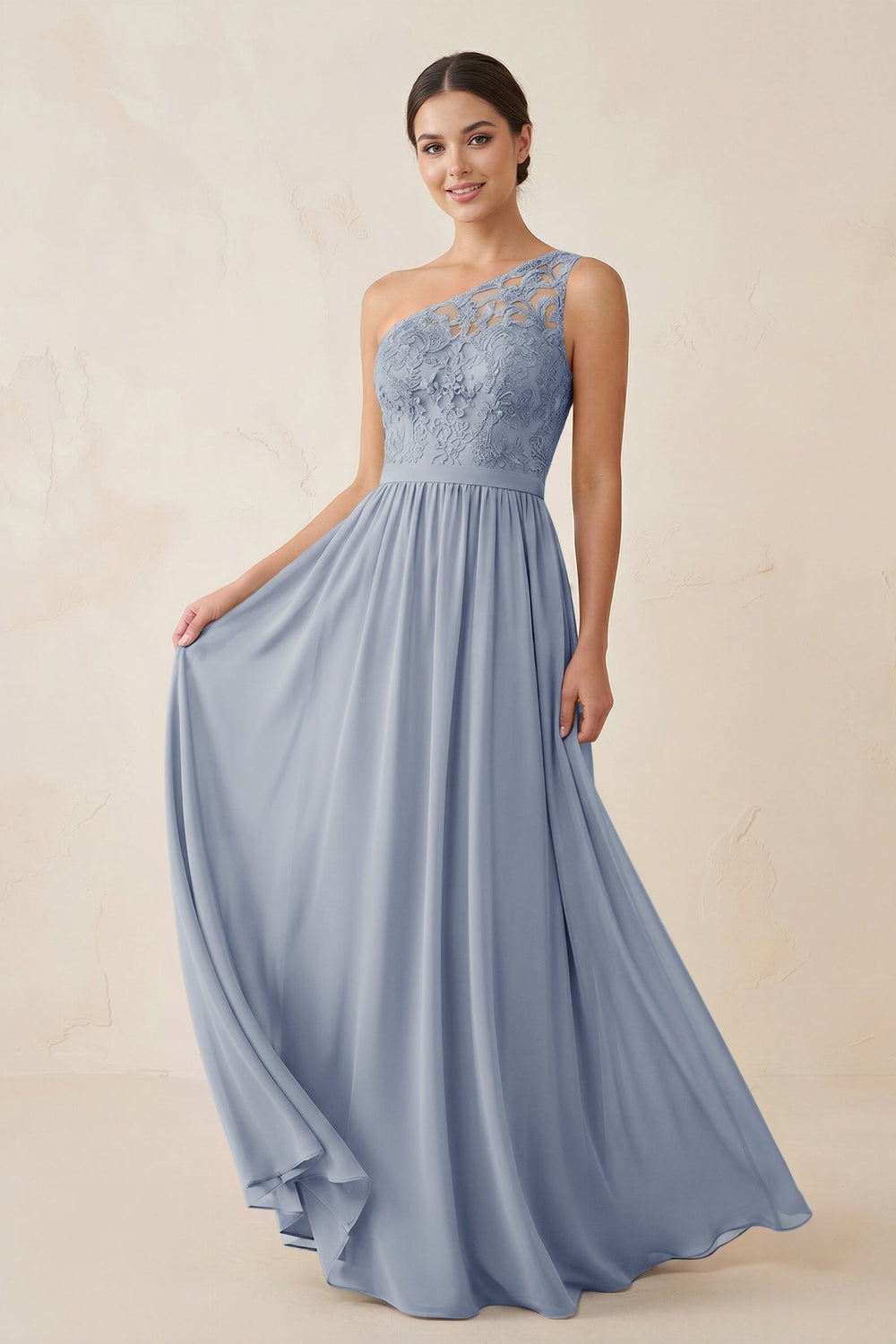One - Shoulder Lace Chiffon A - Line Bridesmaid Dress in Twilight - KISS BRIDAL Bridesmaid Dresses
