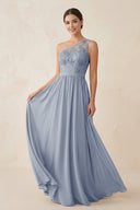 One - Shoulder Lace Chiffon A - Line Bridesmaid Dress in Twilight - KISS BRIDAL Bridesmaid Dresses