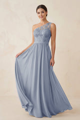 One - Shoulder Lace Chiffon A - Line Bridesmaid Dress in Twilight - KISS BRIDAL Bridesmaid Dresses