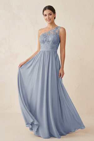 One - Shoulder Lace Chiffon A - Line Bridesmaid Dress in Twilight - KISS BRIDAL Bridesmaid Dresses