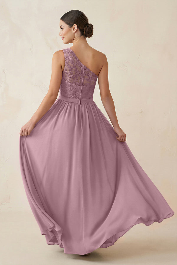 One-Shoulder Lace Chiffon A-Line Bridesmaid Dress in Vintage Mauve (2) | KISSBRIDAL
