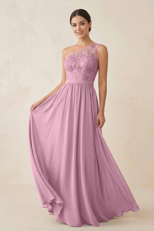 One - Shoulder Lace Chiffon A - Line Bridesmaid Dress in Vintage Mauve - KISS BRIDAL Bridesmaid Dresses