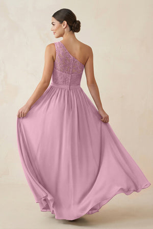 One - Shoulder Lace Chiffon A - Line Bridesmaid Dress in Vintage Mauve - KISS BRIDAL Bridesmaid Dresses