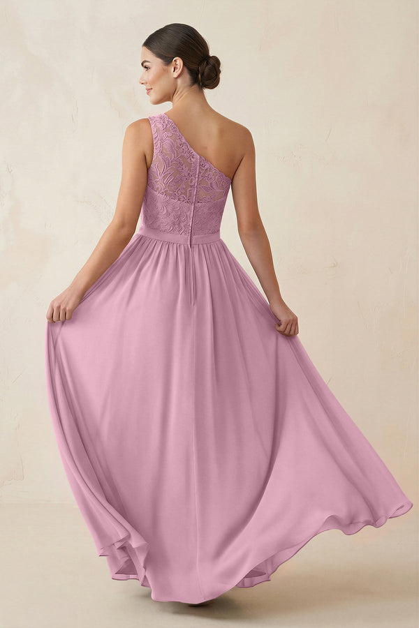 One - Shoulder Lace Chiffon A - Line Bridesmaid Dress in Vintage Mauve - KISS BRIDAL Bridesmaid Dresses