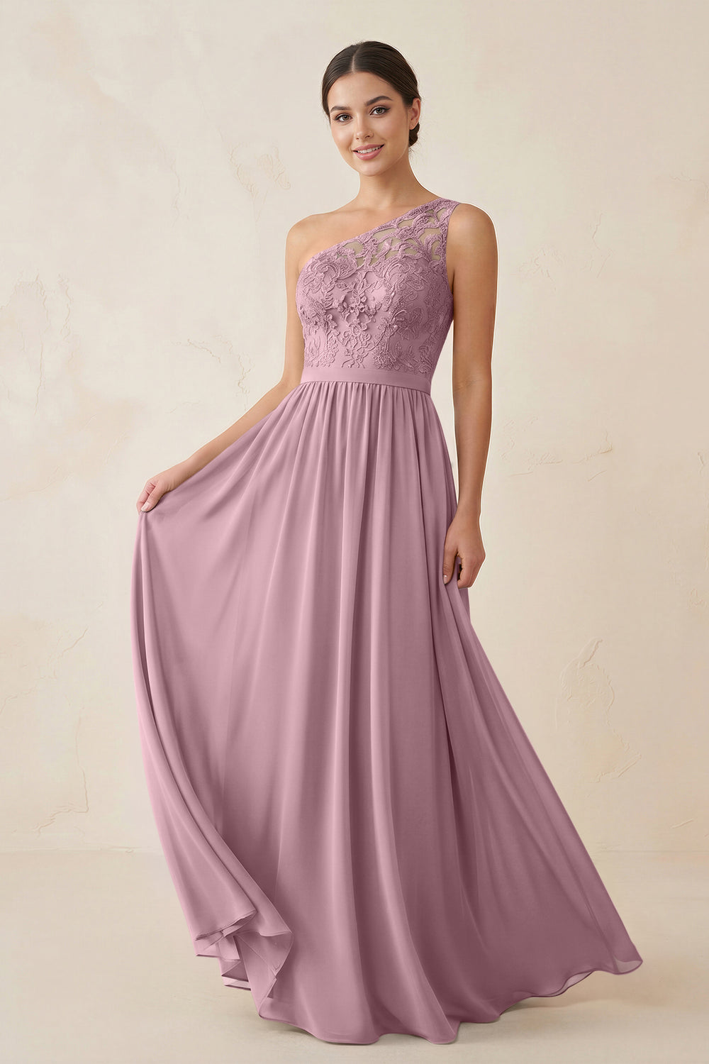 One-Shoulder Lace Chiffon A-Line Bridesmaid Dress in Vintage Mauve