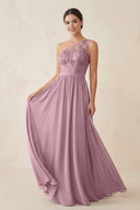 One-Shoulder Lace Chiffon A-Line Bridesmaid Dress in Vintage Mauve | KISSBRIDAL