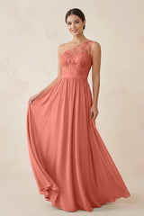 One - Shoulder Lace Chiffon A - Line Bridesmaid Dress in Wild Rose - KISS BRIDAL Bridesmaid Dresses