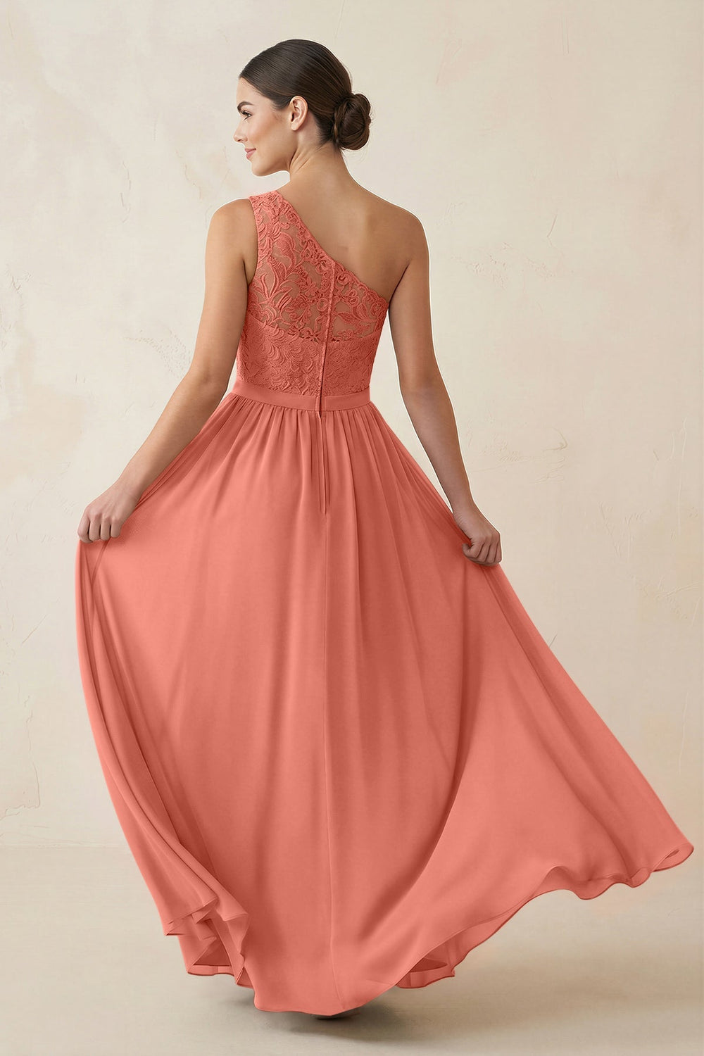 One - Shoulder Lace Chiffon A - Line Bridesmaid Dress in Wild Rose - KISS BRIDAL Bridesmaid Dresses