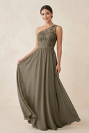 One - Shoulder Lace Chiffon A - Line Bridesmaid Dress in Willow Green - KISS BRIDAL Bridesmaid Dresses