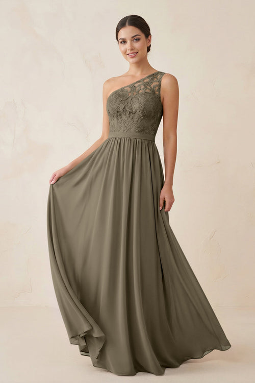 One - Shoulder Lace Chiffon A - Line Bridesmaid Dress in Willow Green - KISS BRIDAL Bridesmaid Dresses