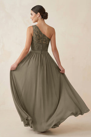 One - Shoulder Lace Chiffon A - Line Bridesmaid Dress in Willow Green - KISS BRIDAL Bridesmaid Dresses