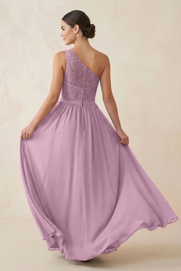 One - Shoulder Lace Chiffon A - Line Bridesmaid Dress in Wisteria - KISS BRIDAL Bridesmaid Dresses