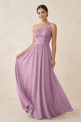 One - Shoulder Lace Chiffon A - Line Bridesmaid Dress in Wisteria - KISS BRIDAL Bridesmaid Dresses
