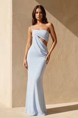 One Shoulder Maxi Dress with Cutout in Sky Blue - KISSBRIDAL
