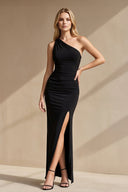 One Shoulder Maxi Dress With Slit in Black - KISS BRIDAL