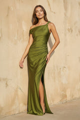 One Shoulder Maxi Dress With Slit in Olive - KISS BRIDAL