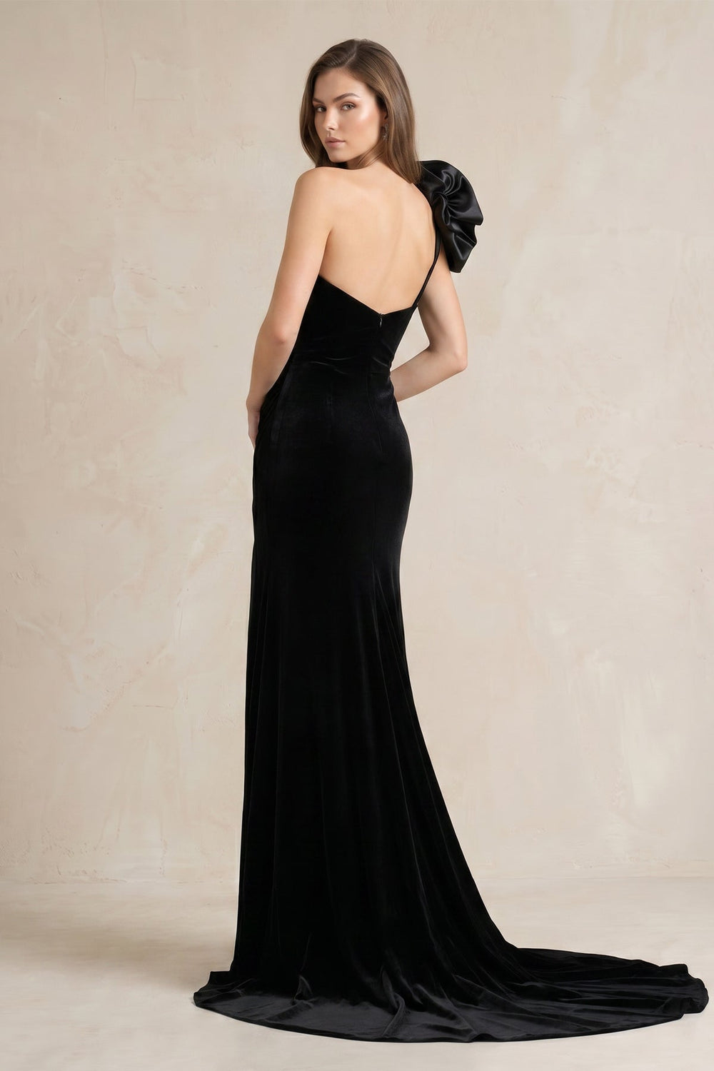 One - Shoulder Mermaid Satin Wedding Dress with Slit in Black - KISS BRIDAL Wedding Dresses